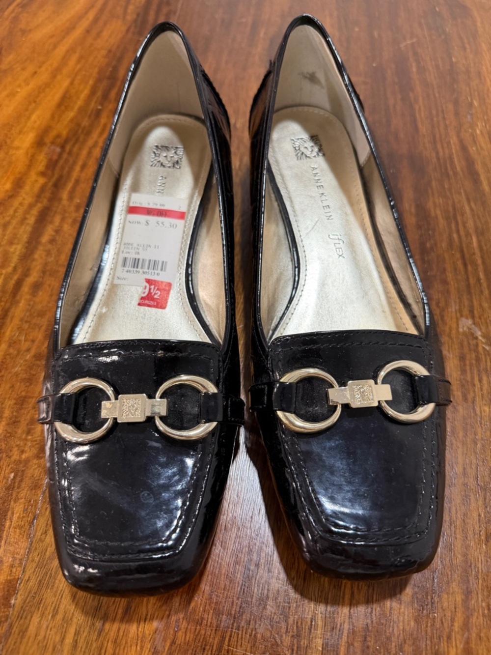 Anne Klein Black Patent Loafers with Gold Ring Detail